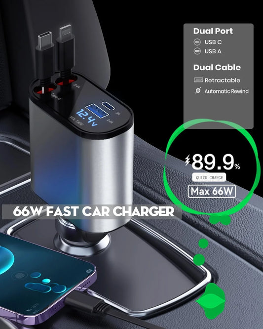 Car Charger 4 in 1 with Dual Retractable Cable Dual Port USB C PD Fast Charging Car Cigarette Lighter Adapter with Voltage Display Compatible with Iphone 14 13 Pro Max, Ipad, Samsung