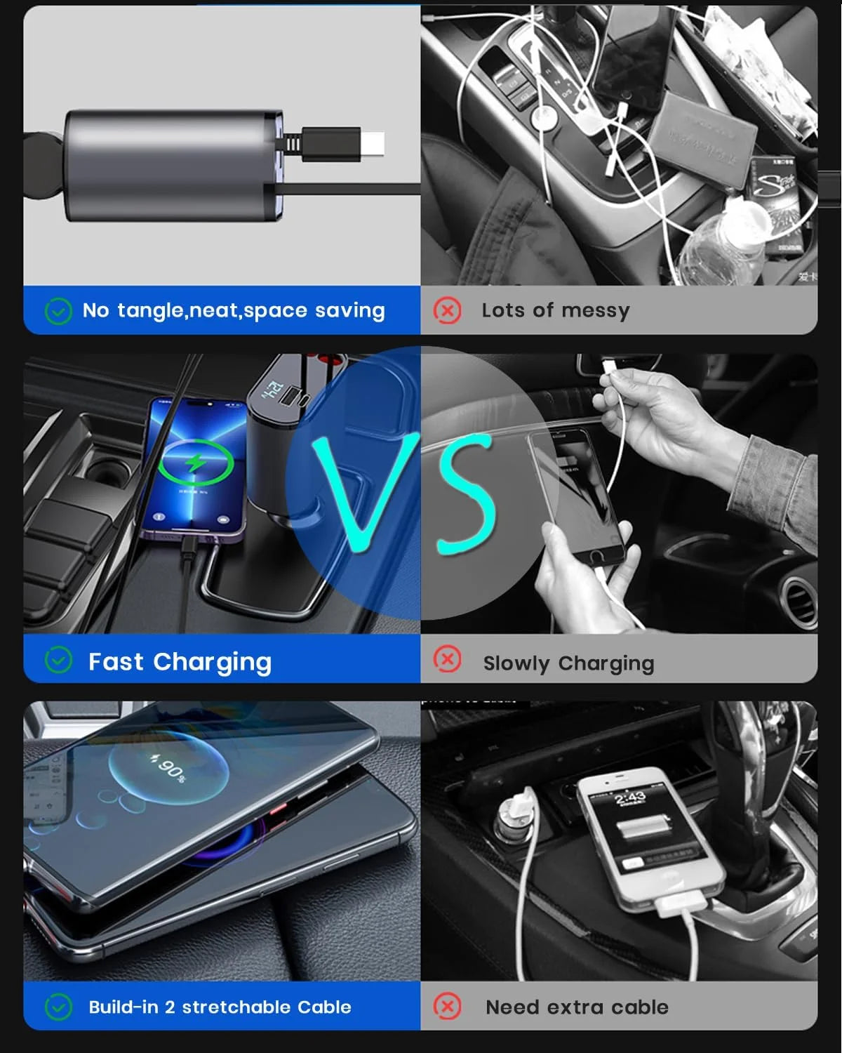Car Charger 4 in 1 with Dual Retractable Cable Dual Port USB C PD Fast Charging Car Cigarette Lighter Adapter with Voltage Display Compatible with Iphone 14 13 Pro Max, Ipad, Samsung