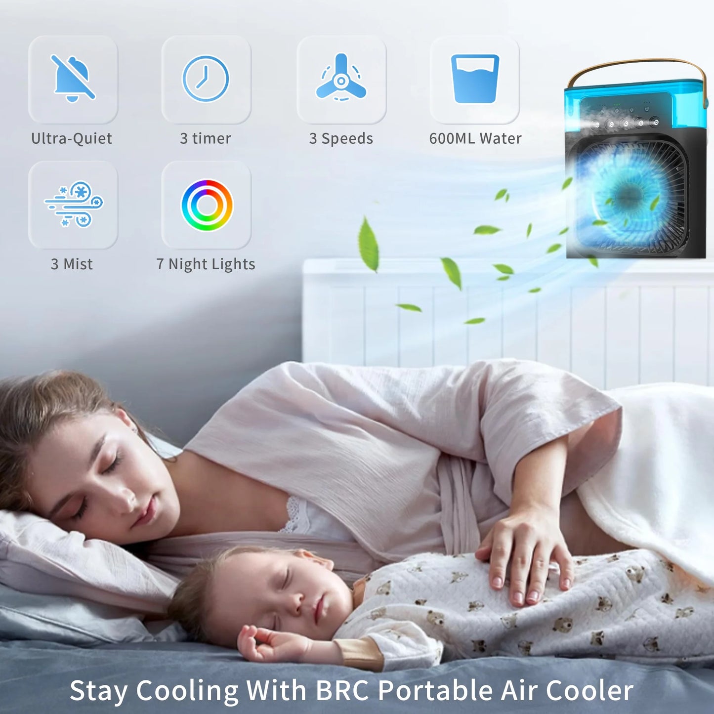 Portable Air Conditioners,  Personal Air Cooler with Timer, 3 Speeds & 7 Colors Nightlight, USB Mini Cooler Fan for Bedroom, Office, Quiet, Black