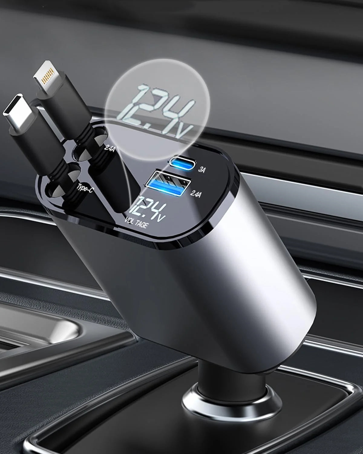 Car Charger 4 in 1 with Dual Retractable Cable Dual Port USB C PD Fast Charging Car Cigarette Lighter Adapter with Voltage Display Compatible with Iphone 14 13 Pro Max, Ipad, Samsung