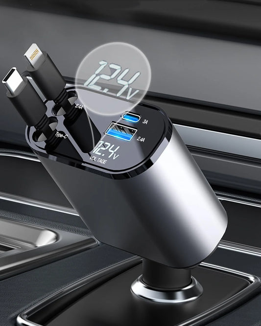Car Charger 4 in 1 with Dual Retractable Cable Dual Port USB C PD Fast Charging Car Cigarette Lighter Adapter with Voltage Display Compatible with Iphone 14 13 Pro Max, Ipad, Samsung