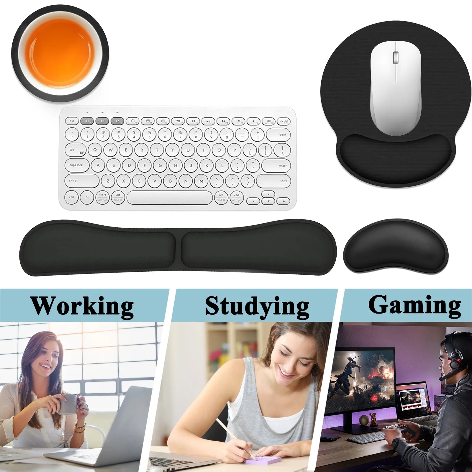 4 Piece Wrist Rest for Keyboard, Ergonomic Mouse Pad with Wrist Rest, 18.5'' Memory Foam Wrist Rest Set for Computer, Laptop, Home & Office, Easy Typing Pain Relief