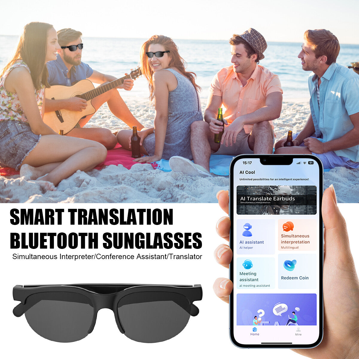 Smart Glasses AI Bluetooth Glasses with 144+ Translation for Men & Woman Travel