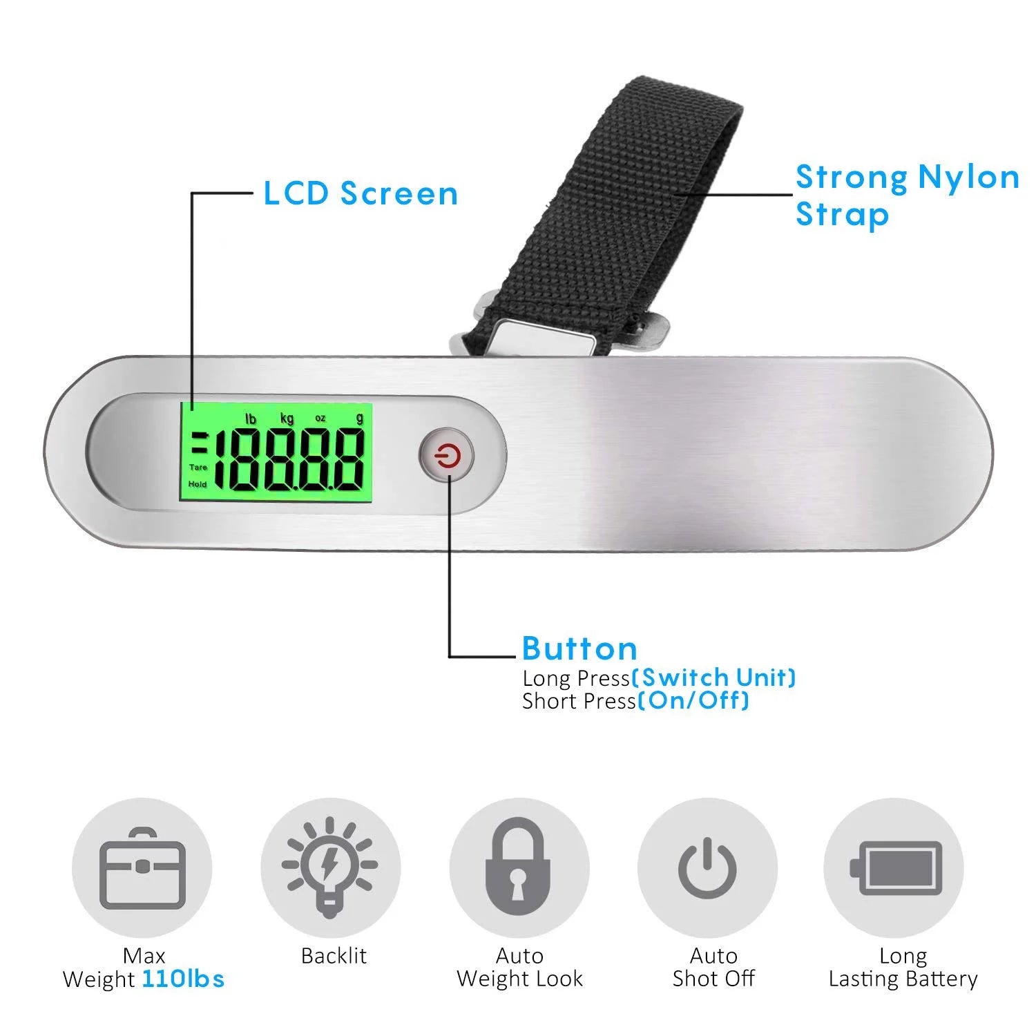 Digital Luggage Scale, Gift for Traveler Suitcase Handheld Weight Scale, Suitcase Weight Scale with Hook Travel Accessories for Portable Hanging Baggage 110Lbs (Silver)