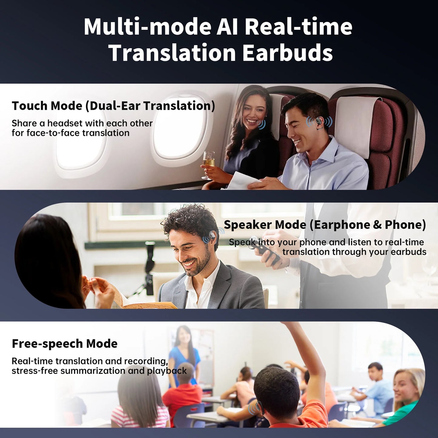 AI Language Translation Earbuds, 3-In-1 AI Translator Earbuds Real Time for 144 Languages, Wireless Bluetooth Headphones, Translator Device with APP Fit IOS and Android for Travel, Business, Learning
