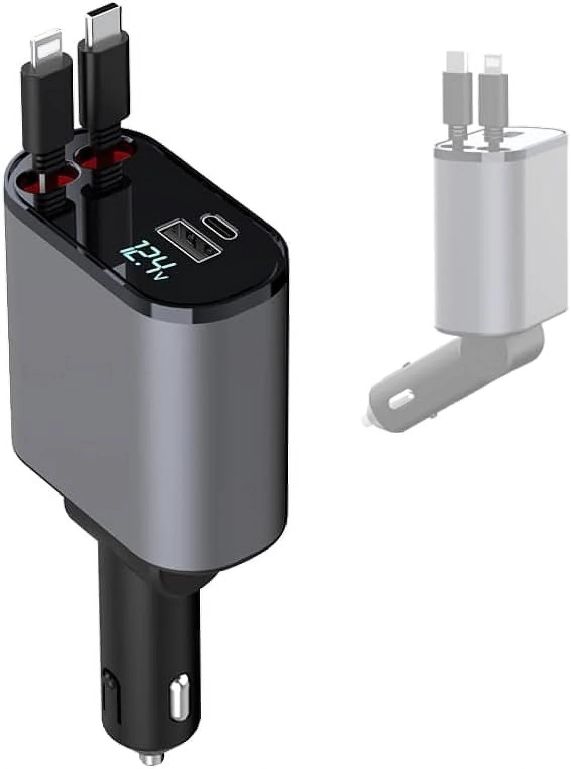 Car Charger 4 in 1 with Dual Retractable Cable Dual Port USB C PD Fast Charging Car Cigarette Lighter Adapter with Voltage Display Compatible with Iphone 14 13 Pro Max, Ipad, Samsung