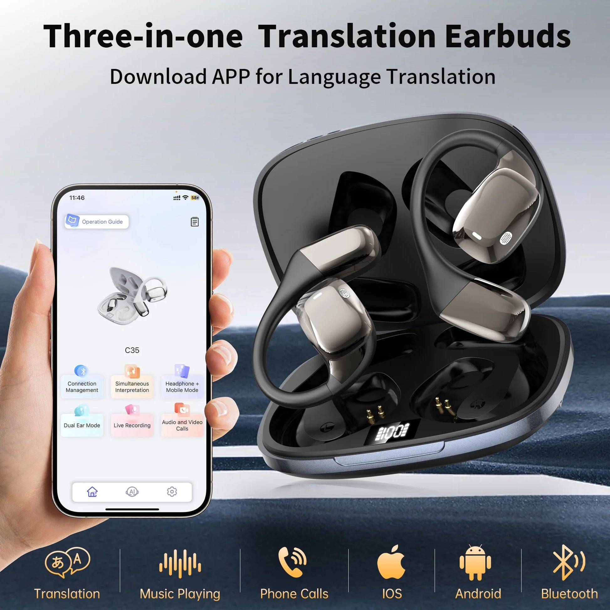AI Language Translation Earbuds, 3-In-1 AI Translator Earbuds Real Time for 144 Languages, Wireless Bluetooth Headphones, Translator Device with APP Fit IOS and Android for Travel, Business, Learning