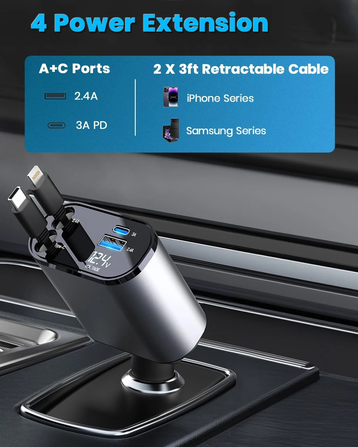 Car Charger 4 in 1 with Dual Retractable Cable Dual Port USB C PD Fast Charging Car Cigarette Lighter Adapter with Voltage Display Compatible with Iphone 14 13 Pro Max, Ipad, Samsung